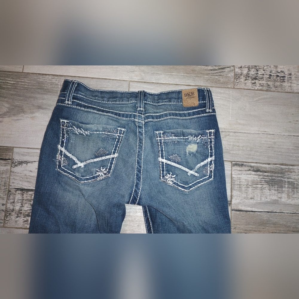 BKE Lexi Distressed Blue Jeans with White Accents